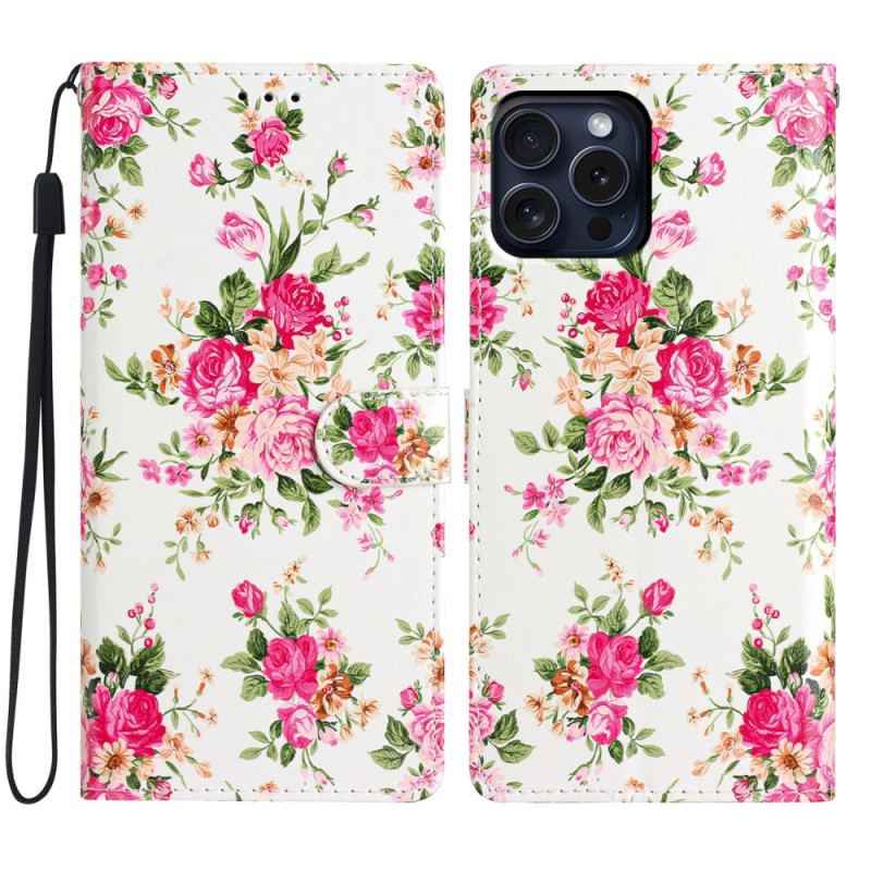 Flip Cover iPhone 16 Pro Røde Blomster Med Rem