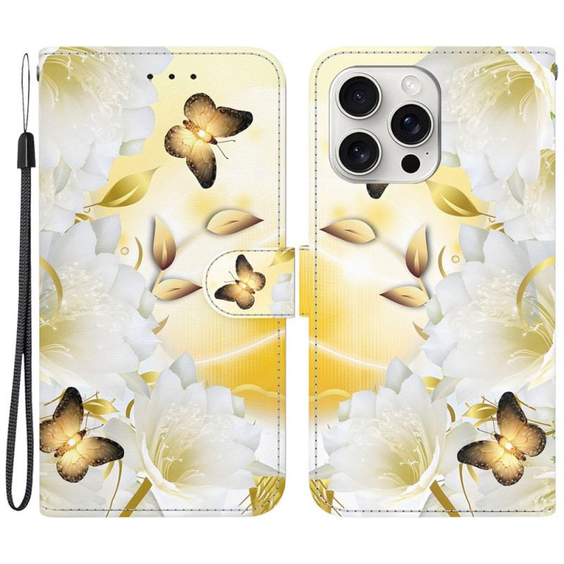 Læder Cover iPhone 16 Pro Gyldne Sommerfugle Og Hvide Blomster Med Rem