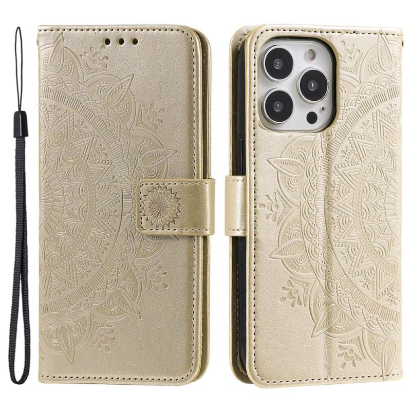 Læder Cover iPhone 16 Pro Telefon Etui Mandala Sol Med Rem