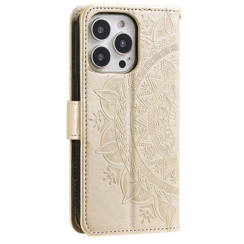 Læder Cover iPhone 16 Pro Telefon Etui Mandala Sol Med Rem