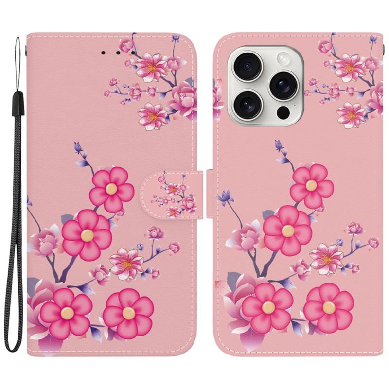 Læder Cover iPhone 16 Pro Telefon Etui Sakura Mønster Med Rem