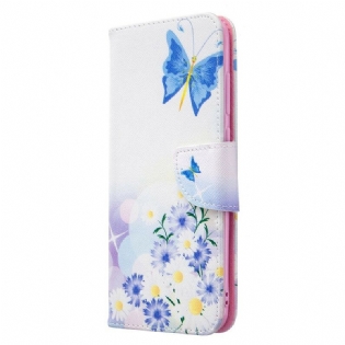 Læder Cover Samsung Galaxy M11 Malede Sommerfugle Og Blomster