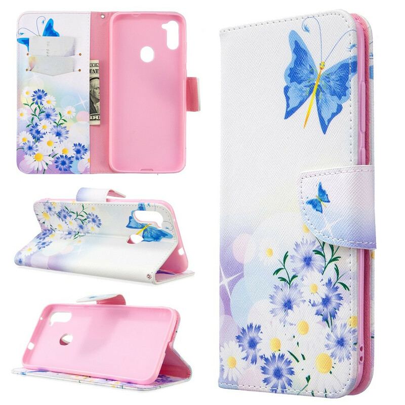 Læder Cover Samsung Galaxy M11 Malede Sommerfugle Og Blomster