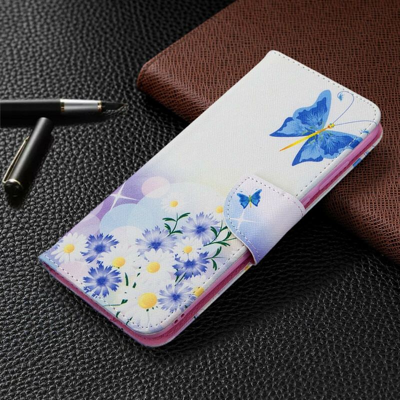 Læder Cover Samsung Galaxy M11 Malede Sommerfugle Og Blomster