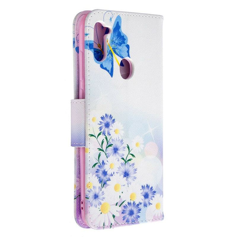 Læder Cover Samsung Galaxy M11 Malede Sommerfugle Og Blomster