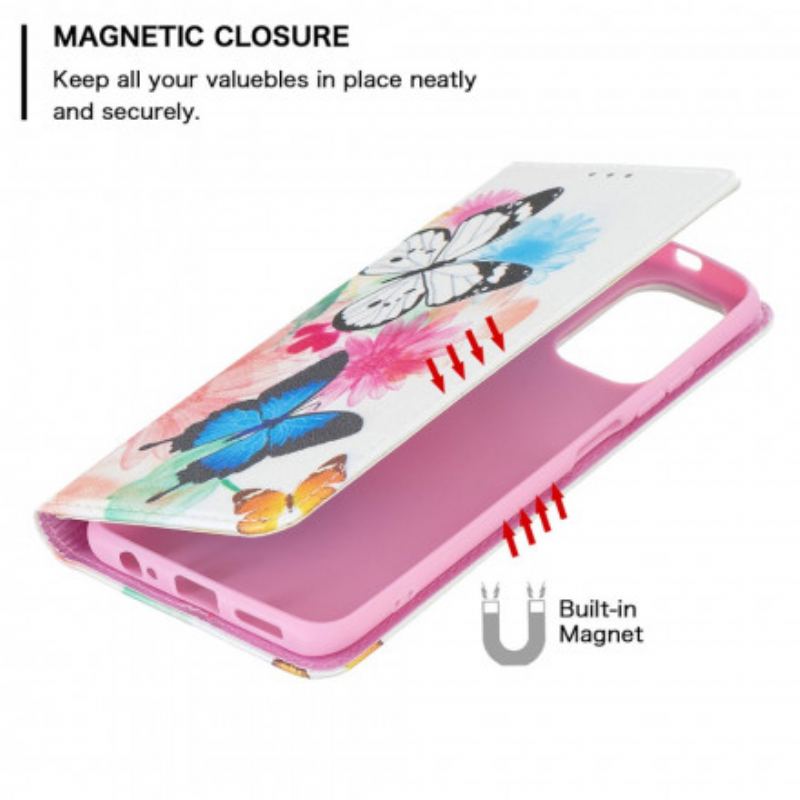 Cover Poco M5s Flip Cover Farverige Sommerfugle