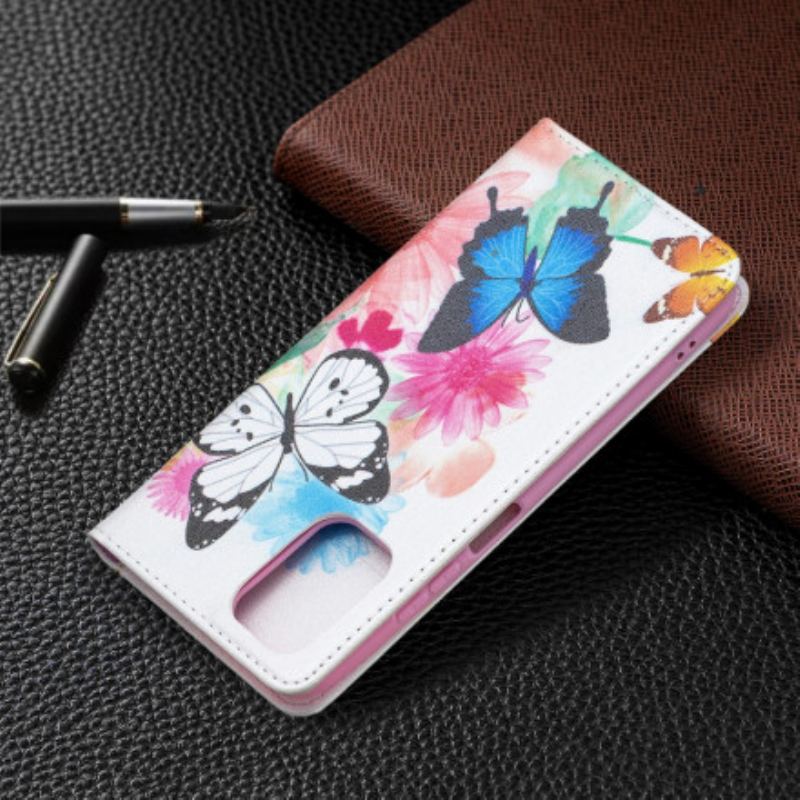 Cover Poco M5s Flip Cover Farverige Sommerfugle