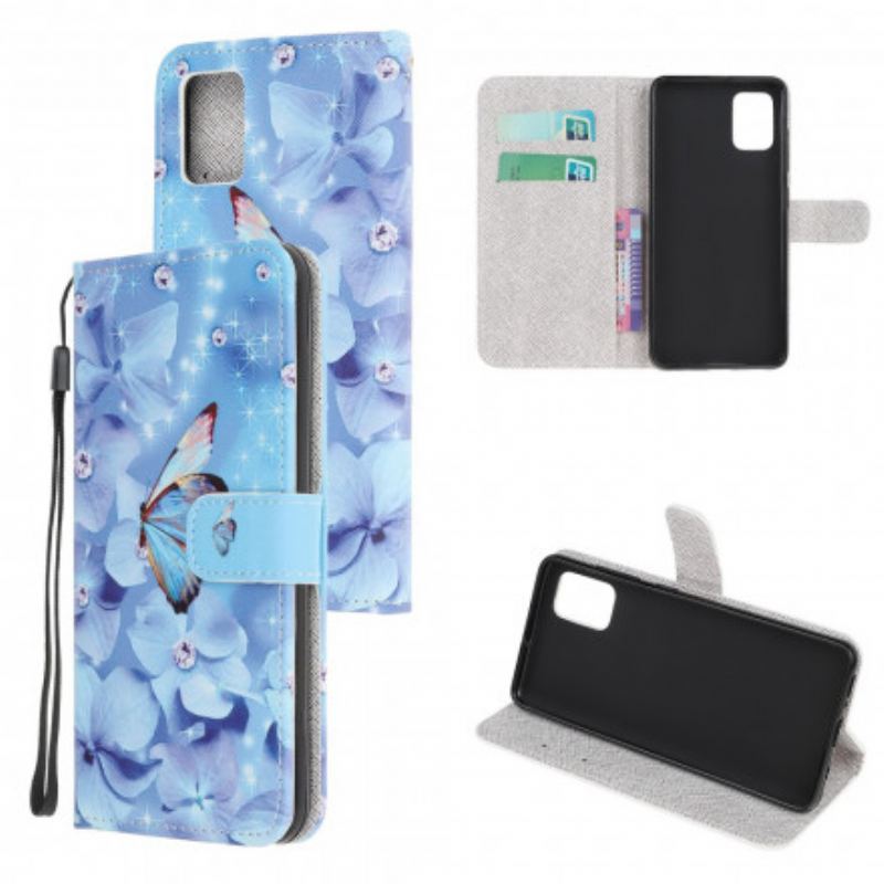 Flip Cover Poco M5s Med Snor Strappy Diamond Sommerfugle