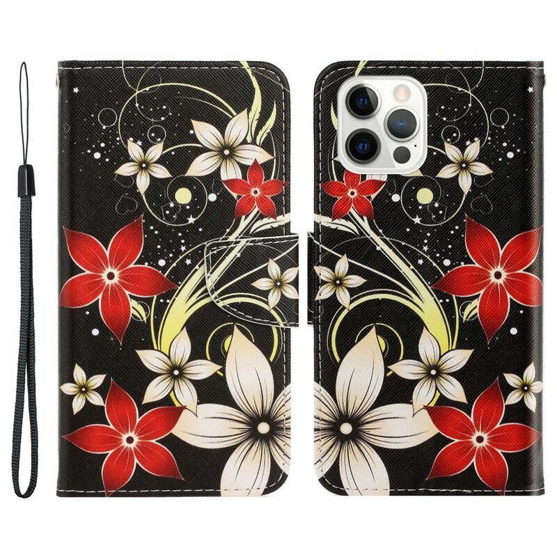 Flip Cover iPhone 13 Pro Med Snor Farverige Strappy Blomster