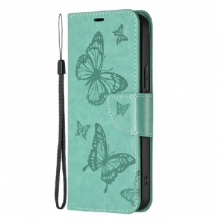 Flip Cover iPhone 13 Pro Med Snor Sommerfugle Trykt Strappy