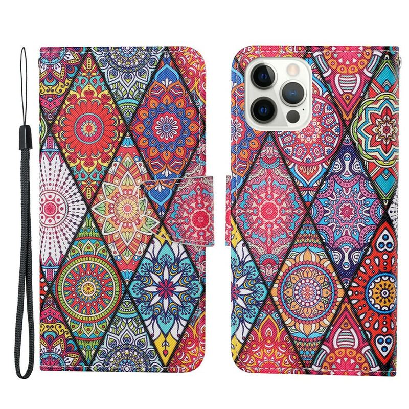 Flip Cover iPhone 13 Pro Patchwork Med Lanyard