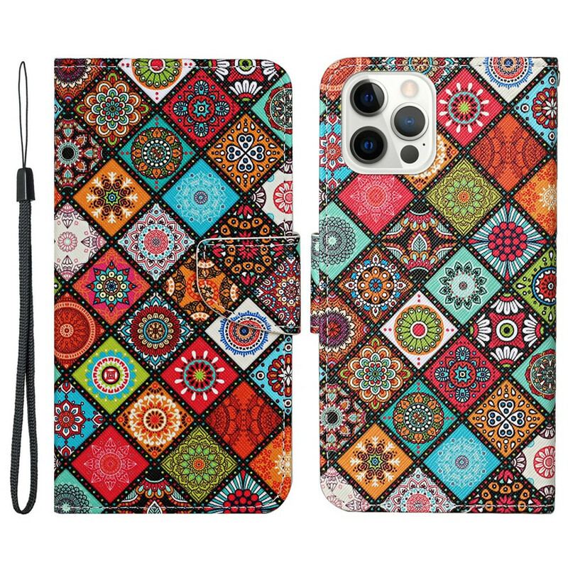 Læder Cover iPhone 13 Pro Patchwork Mandalaer Med Snor