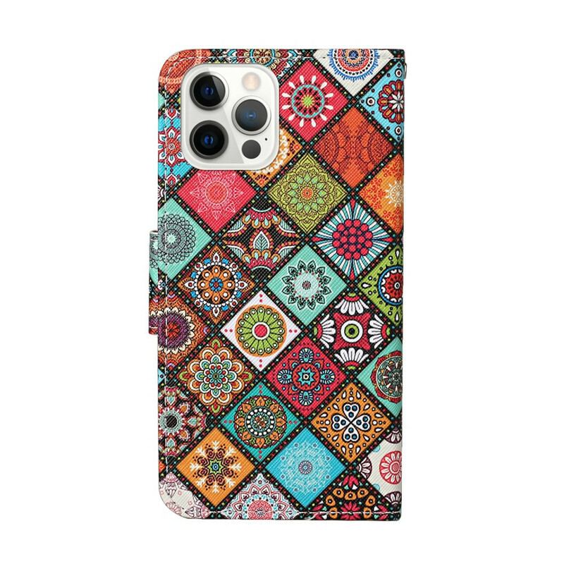 Læder Cover iPhone 13 Pro Patchwork Mandalaer Med Snor