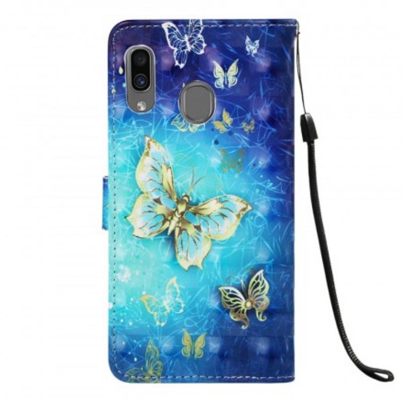 Flip Cover Samsung Galaxy A30 Med Snor Gyldne Sommerfugle Med Rem