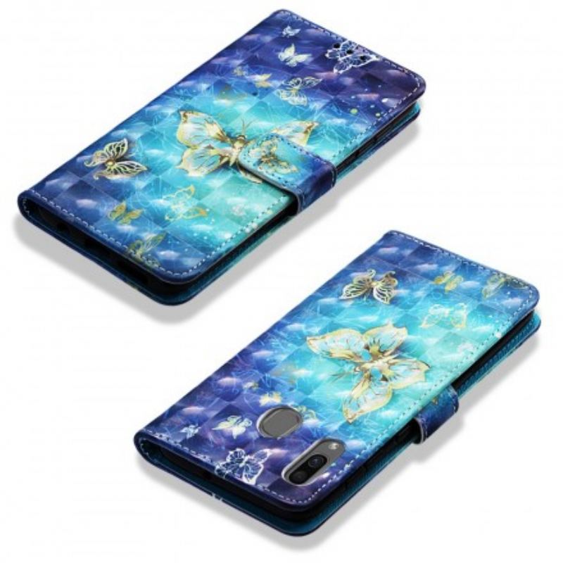 Flip Cover Samsung Galaxy A30 Med Snor Gyldne Sommerfugle Med Rem