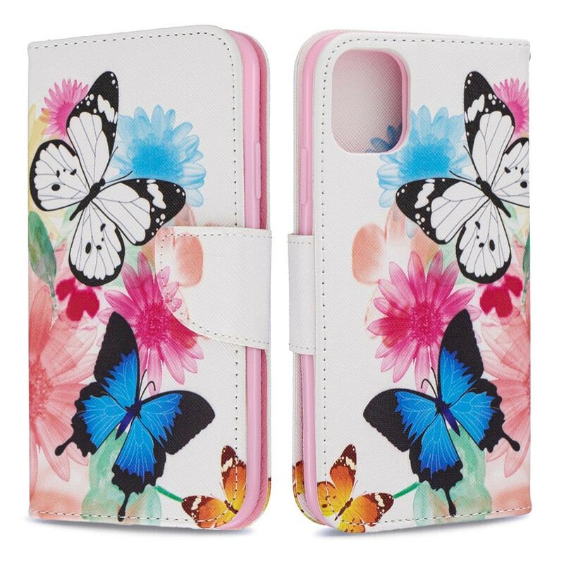 Flip Cover iPhone 11 Malede Sommerfugle Og Blomster