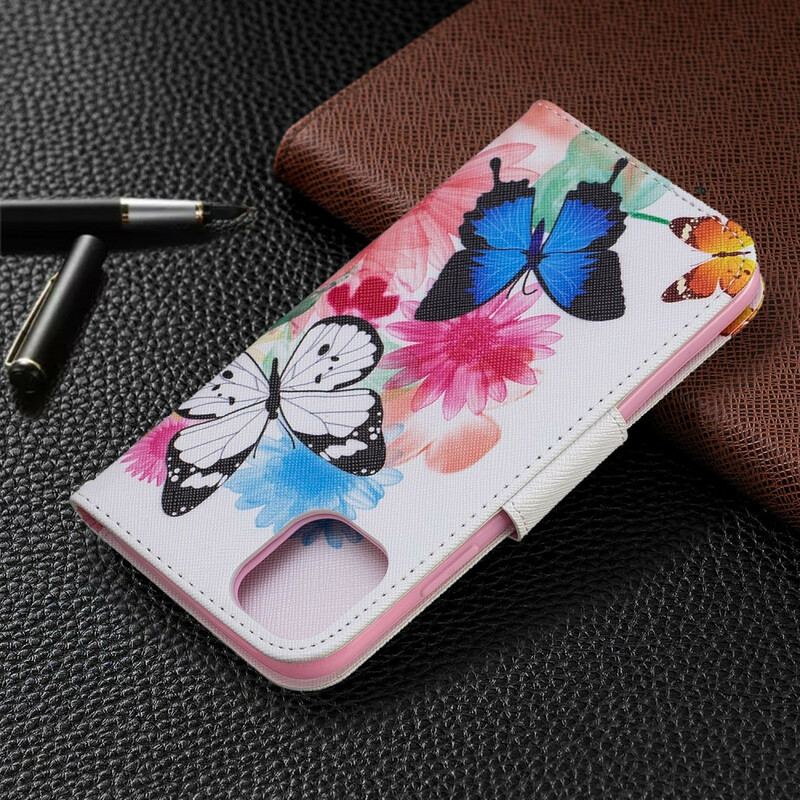 Flip Cover iPhone 11 Malede Sommerfugle Og Blomster