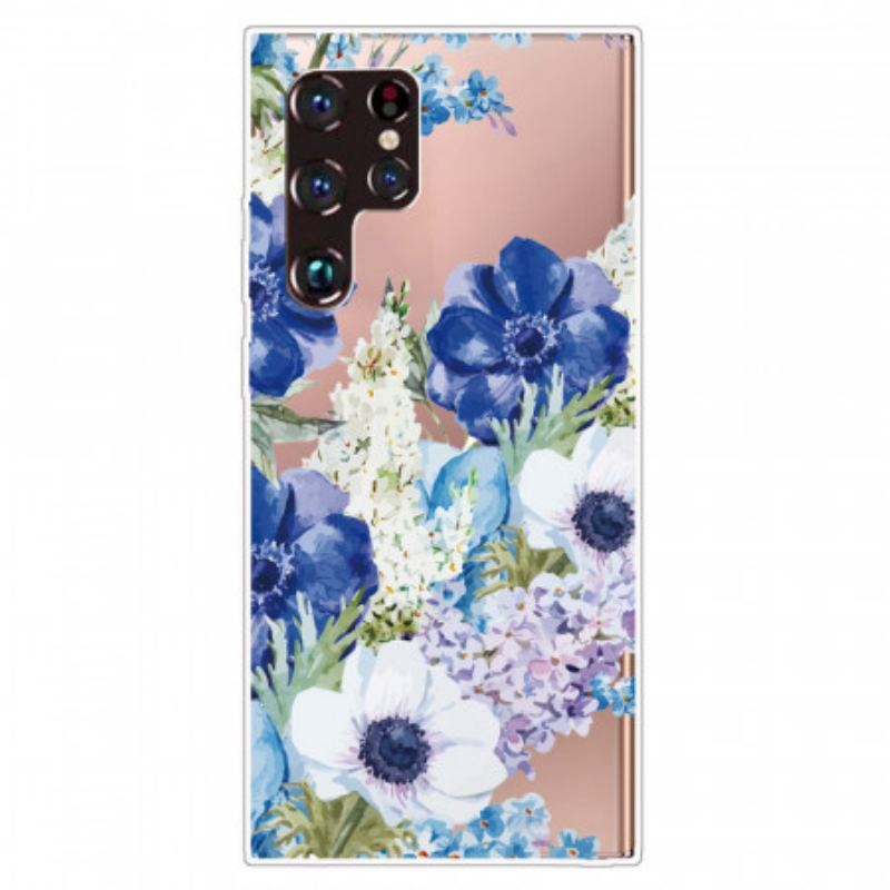 Cover Samsung Galaxy S22 Ultra 5G Akvarel Blå Blomster