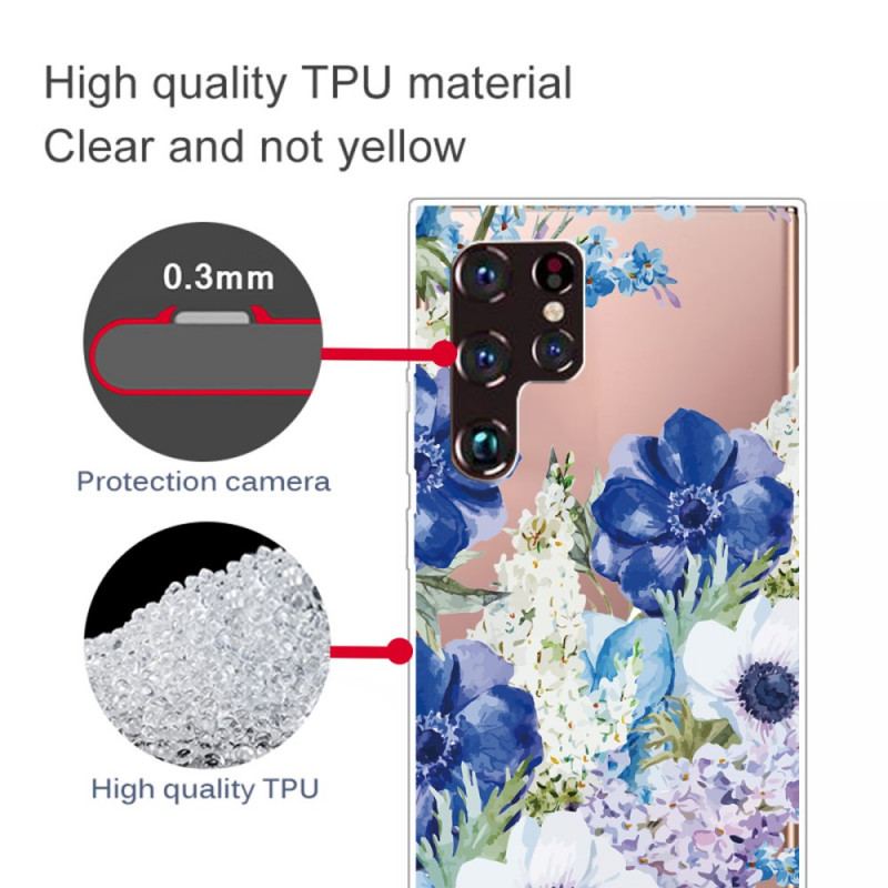 Cover Samsung Galaxy S22 Ultra 5G Akvarel Blå Blomster
