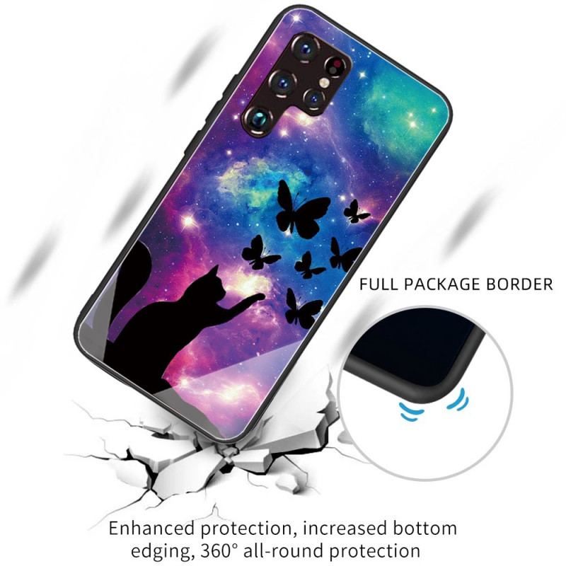 Cover Samsung Galaxy S22 Ultra 5G Hærdet Glas Kat Og Sommerfugle I Rummet
