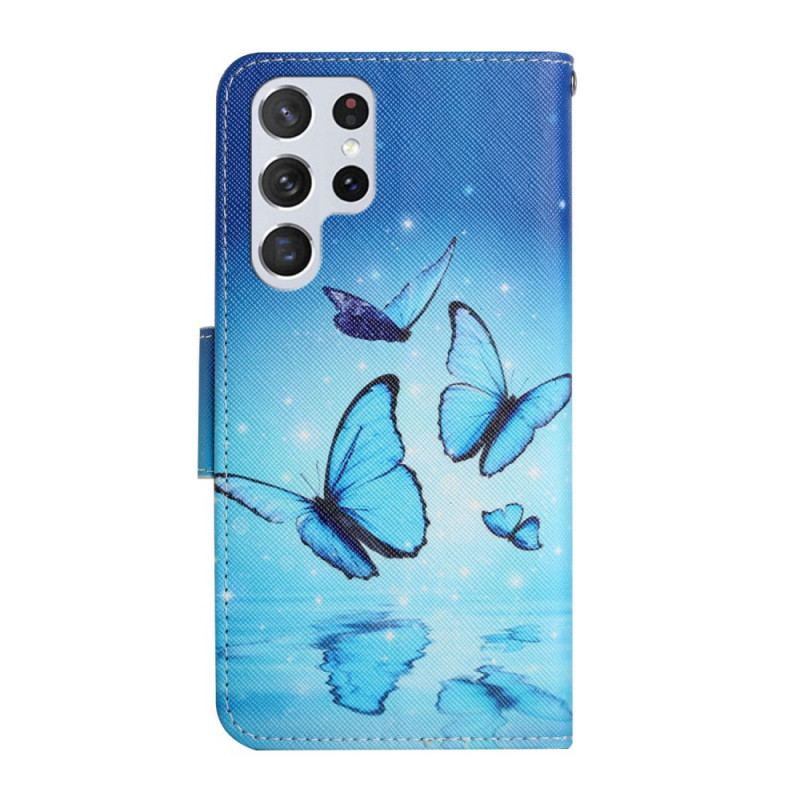 Flip Cover Samsung Galaxy S22 Ultra 5G Blå Sommerfugle
