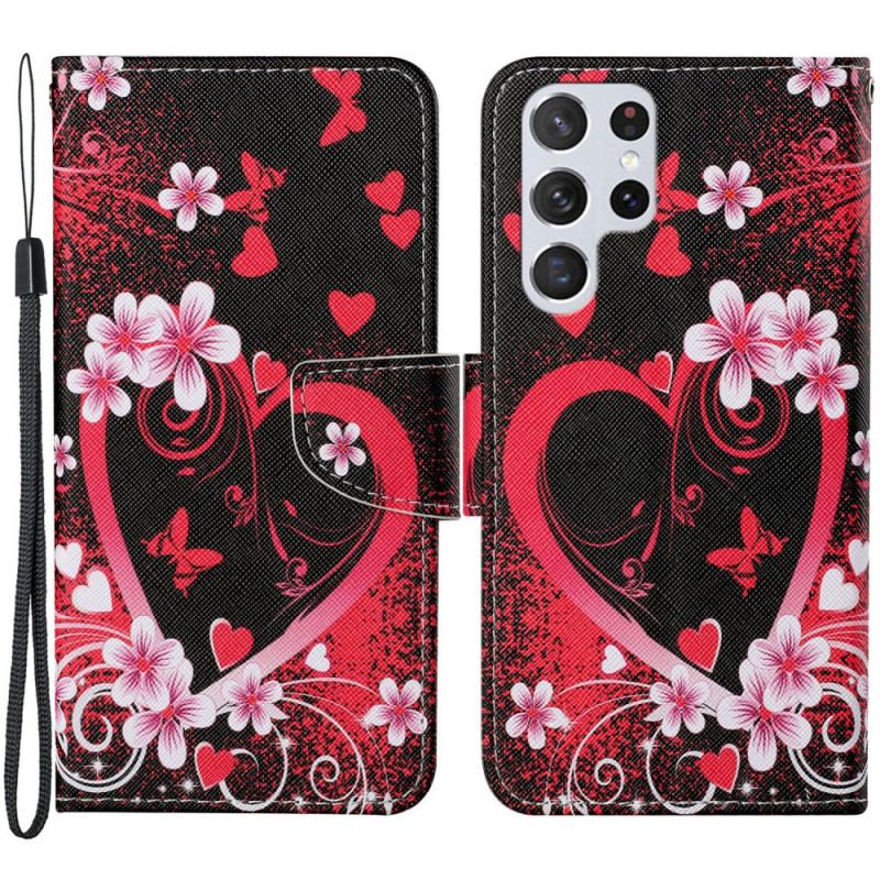 Flip Cover Samsung Galaxy S22 Ultra 5G Blomster Og Hjerter Med Snor