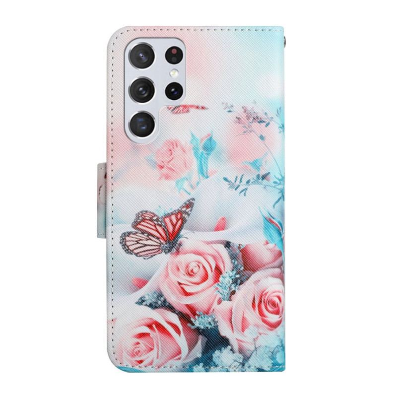 Flip Cover Samsung Galaxy S22 Ultra 5G Buket Af Blomster Og Sommerfugle