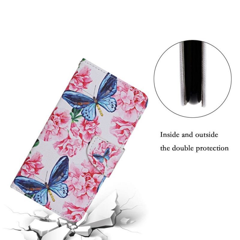 Flip Cover Samsung Galaxy S22 Ultra 5G Butterflies Floral Lanyard