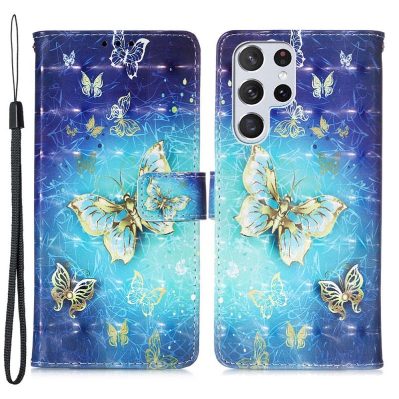 Flip Cover Samsung Galaxy S22 Ultra 5G Golden Butterflies Lanyard