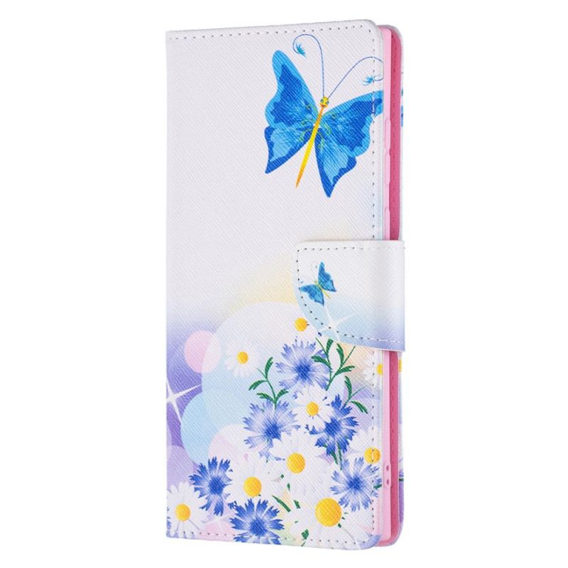 Flip Cover Samsung Galaxy S22 Ultra 5G Malede Sommerfugle Og Blomster