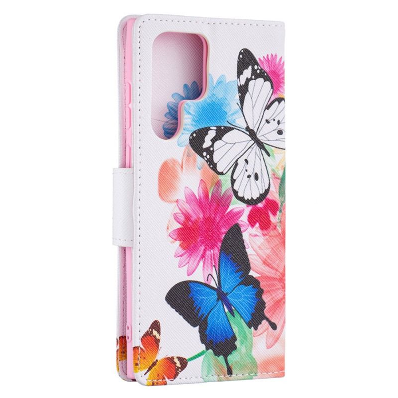 Flip Cover Samsung Galaxy S22 Ultra 5G Malede Sommerfugle Og Blomster