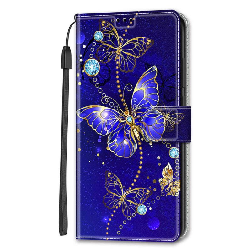 Flip Cover Samsung Galaxy S22 Ultra 5G Med Snor Strap Butterflies Fan