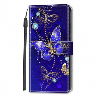 Flip Cover Samsung Galaxy S22 Ultra 5G Med Snor Strap Butterflies Fan