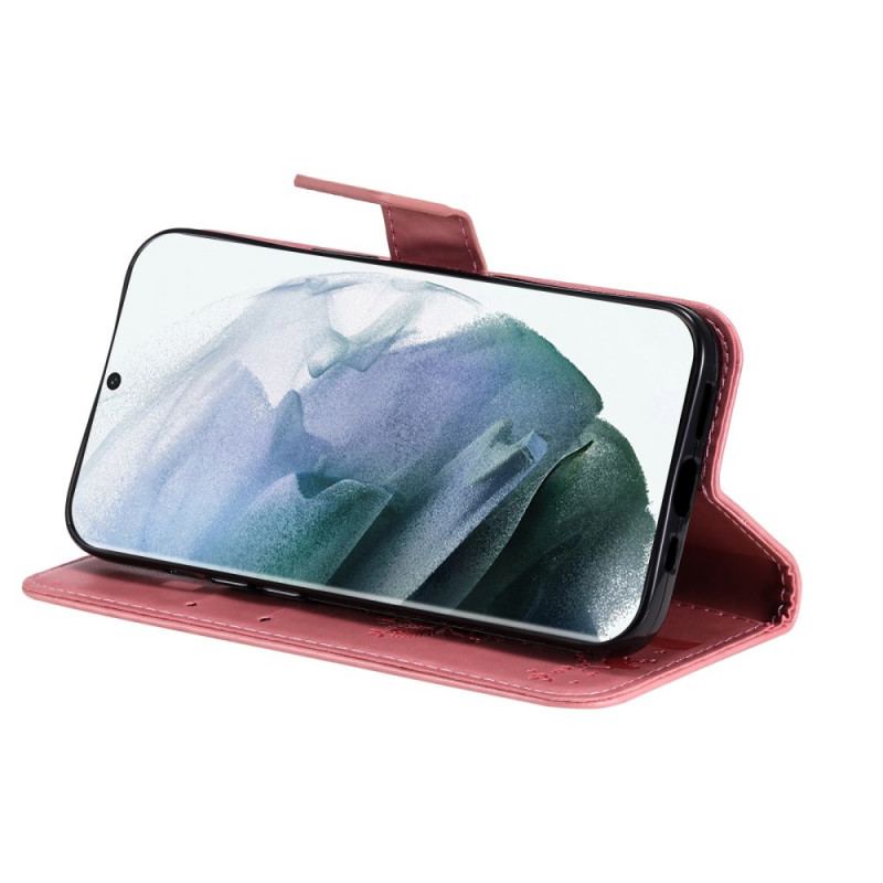 Flip Cover Samsung Galaxy S22 Ultra 5G Med Snor Træ Og Strappy Kat