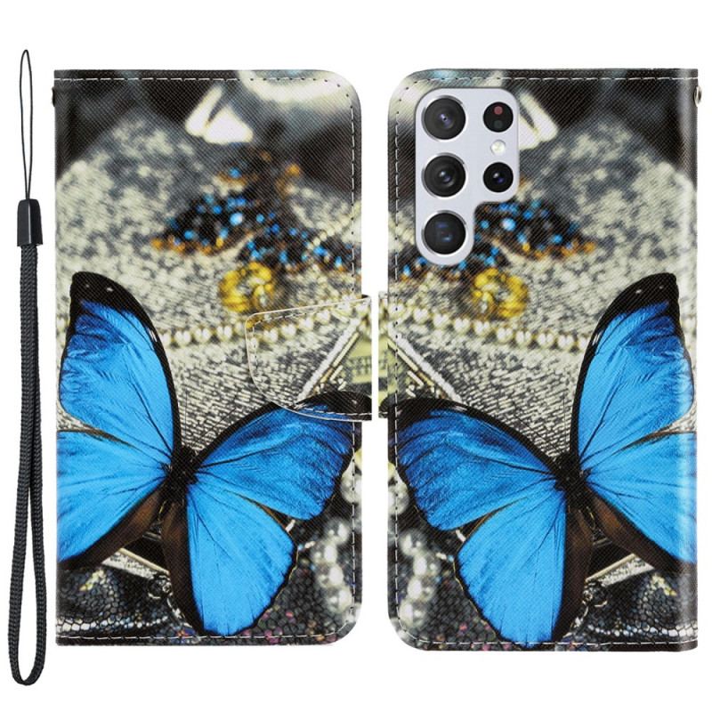 Flip Cover Samsung Galaxy S22 Ultra 5G Med Snor Variationer Af Sommerfuglesrem