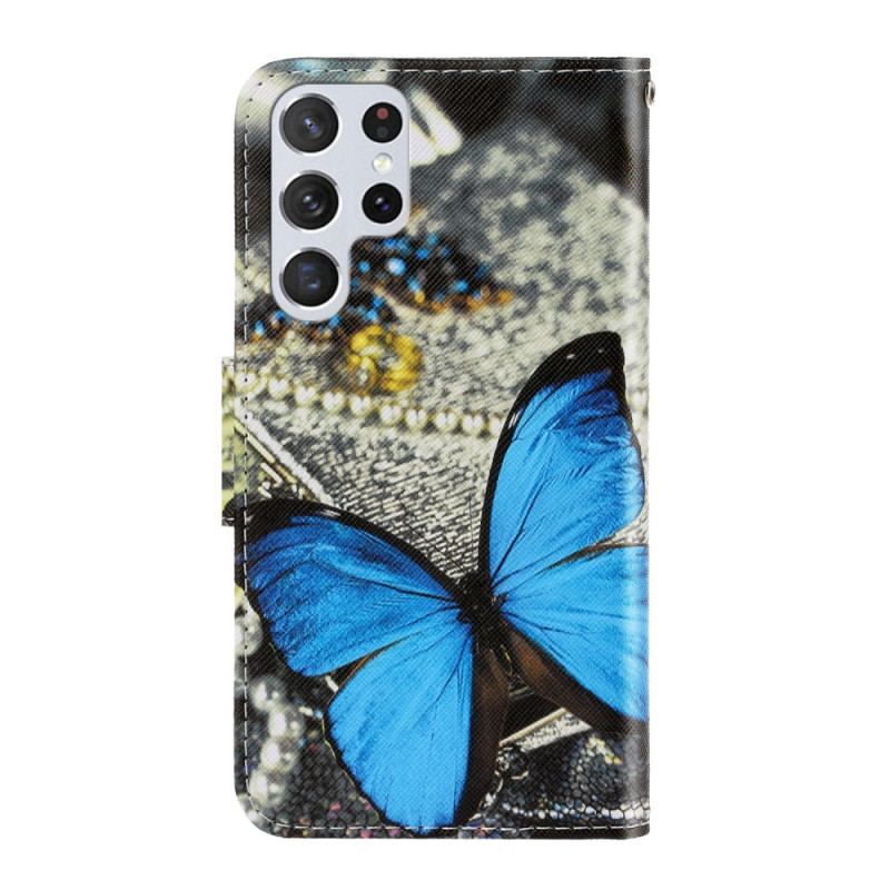 Flip Cover Samsung Galaxy S22 Ultra 5G Med Snor Variationer Af Sommerfuglesrem