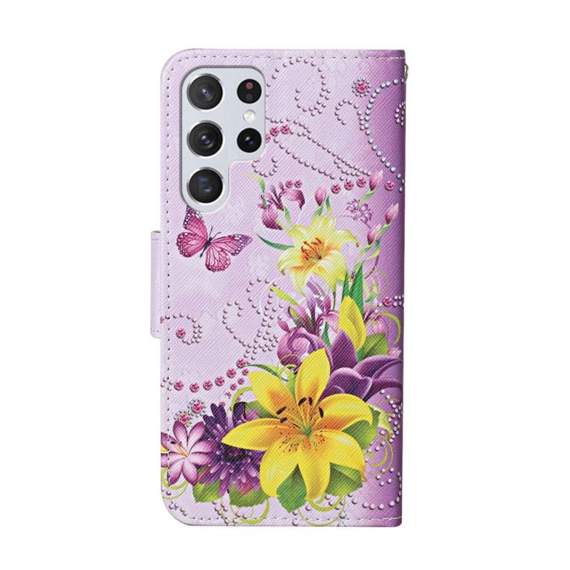 Flip Cover Samsung Galaxy S22 Ultra 5G Mesterlige Blomster Med Rem