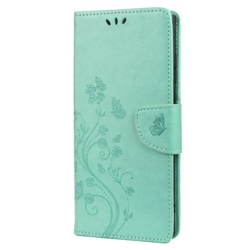 Flip Cover Samsung Galaxy S22 Ultra 5G Sommerfugle Og Blomster Med Snor