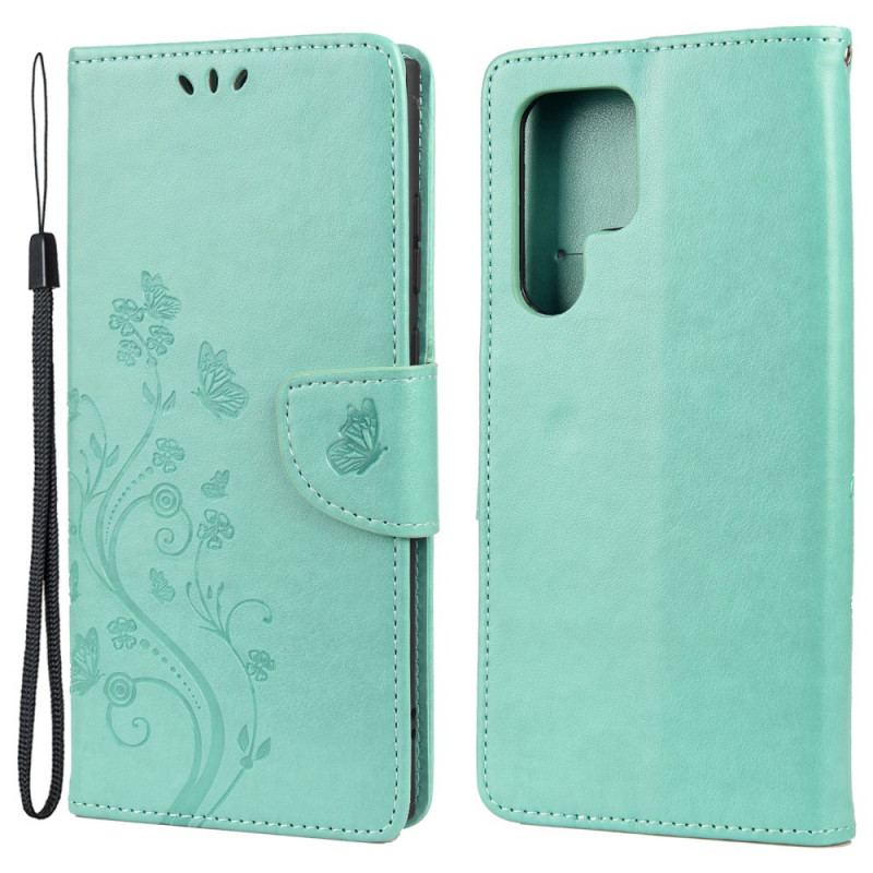 Flip Cover Samsung Galaxy S22 Ultra 5G Sommerfugle Og Blomster Med Snor