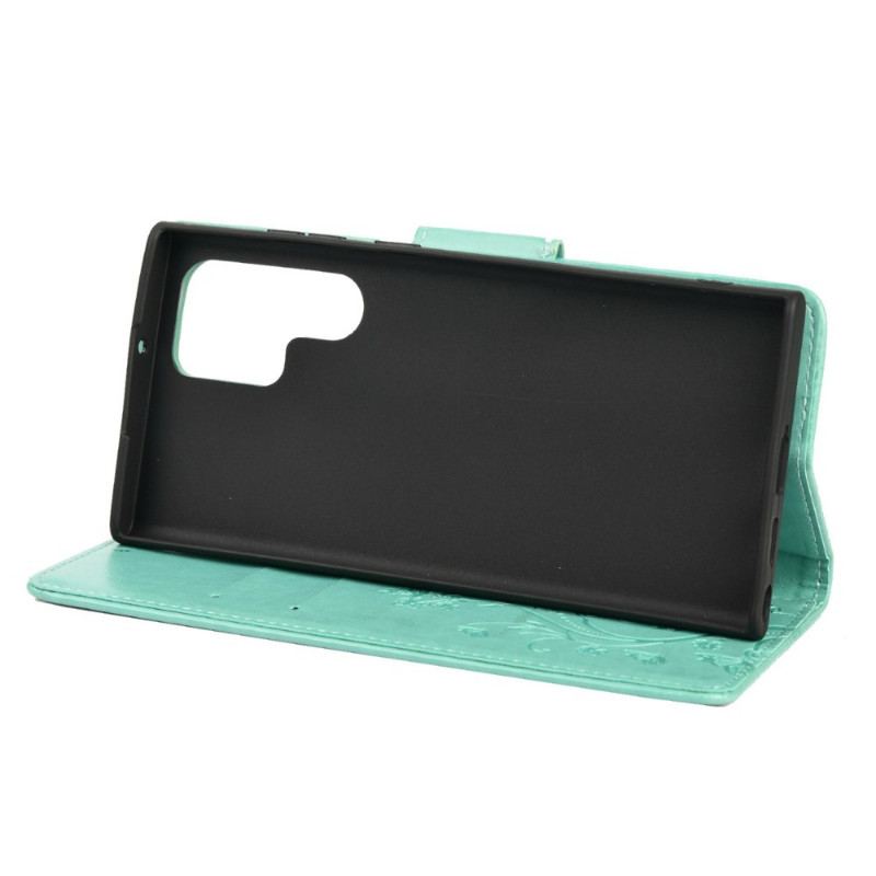 Flip Cover Samsung Galaxy S22 Ultra 5G Sommerfugle Og Blomster Med Snor