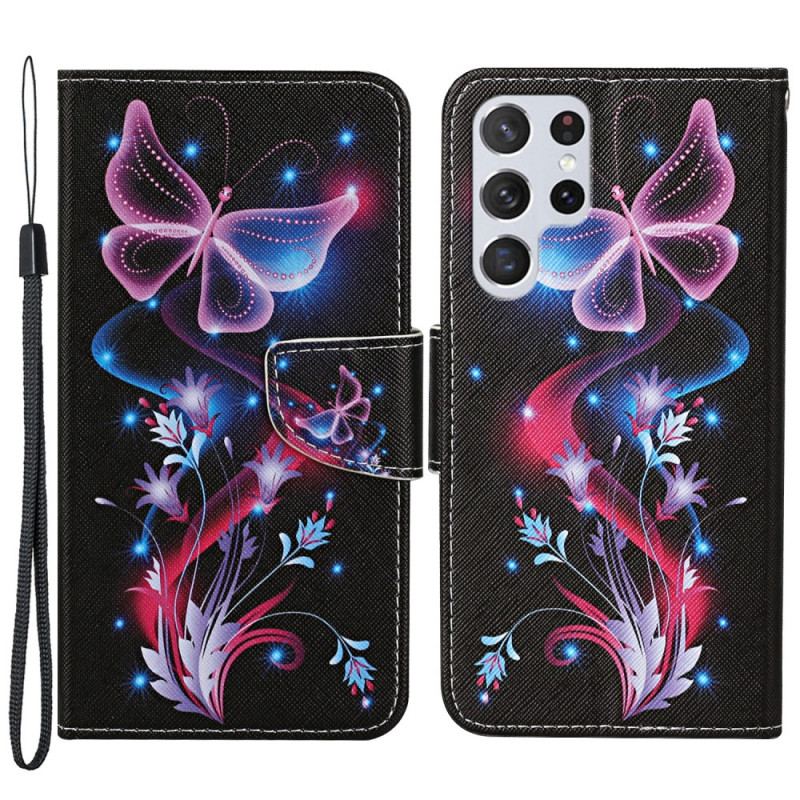 Flip Cover Samsung Galaxy S22 Ultra 5G Sommerfugle Og Snor