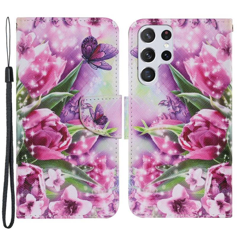 Flip Cover Samsung Galaxy S22 Ultra 5G Sommerfugle Og Tulipaner