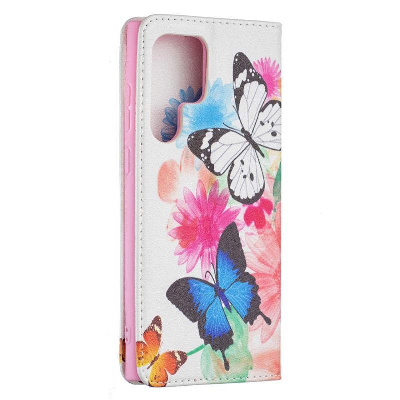 Læder Cover Samsung Galaxy S22 Ultra 5G Malede Sommerfugle Og Blomster