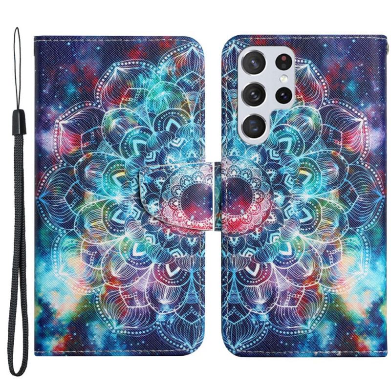 Læder Cover Samsung Galaxy S22 Ultra 5G Med Snor Prangende Halv Mandala Strappy