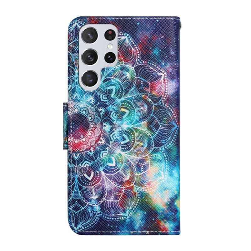 Læder Cover Samsung Galaxy S22 Ultra 5G Med Snor Prangende Halv Mandala Strappy