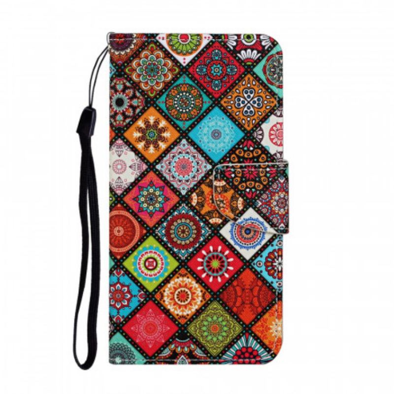 Læder Cover Samsung Galaxy S22 Ultra 5G Patchwork Mandalaer Med Snor