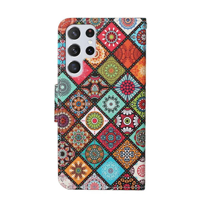 Læder Cover Samsung Galaxy S22 Ultra 5G Patchwork Mandalaer Med Snor