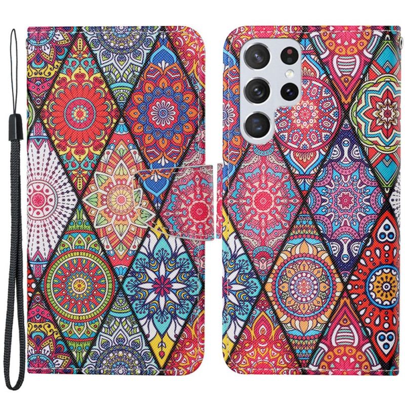 Læder Cover Samsung Galaxy S22 Ultra 5G Patchwork Med Lanyard