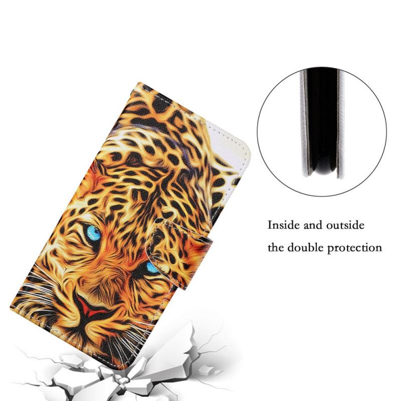 Læder Cover Samsung Galaxy S22 Ultra 5G Tiger Med Snor