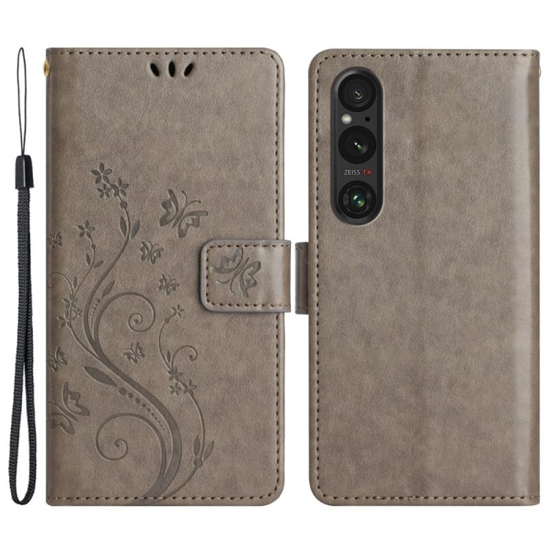 Flip Cover Sony Xperia 1 Vi Blomster Og Sommerfugle Med Rem